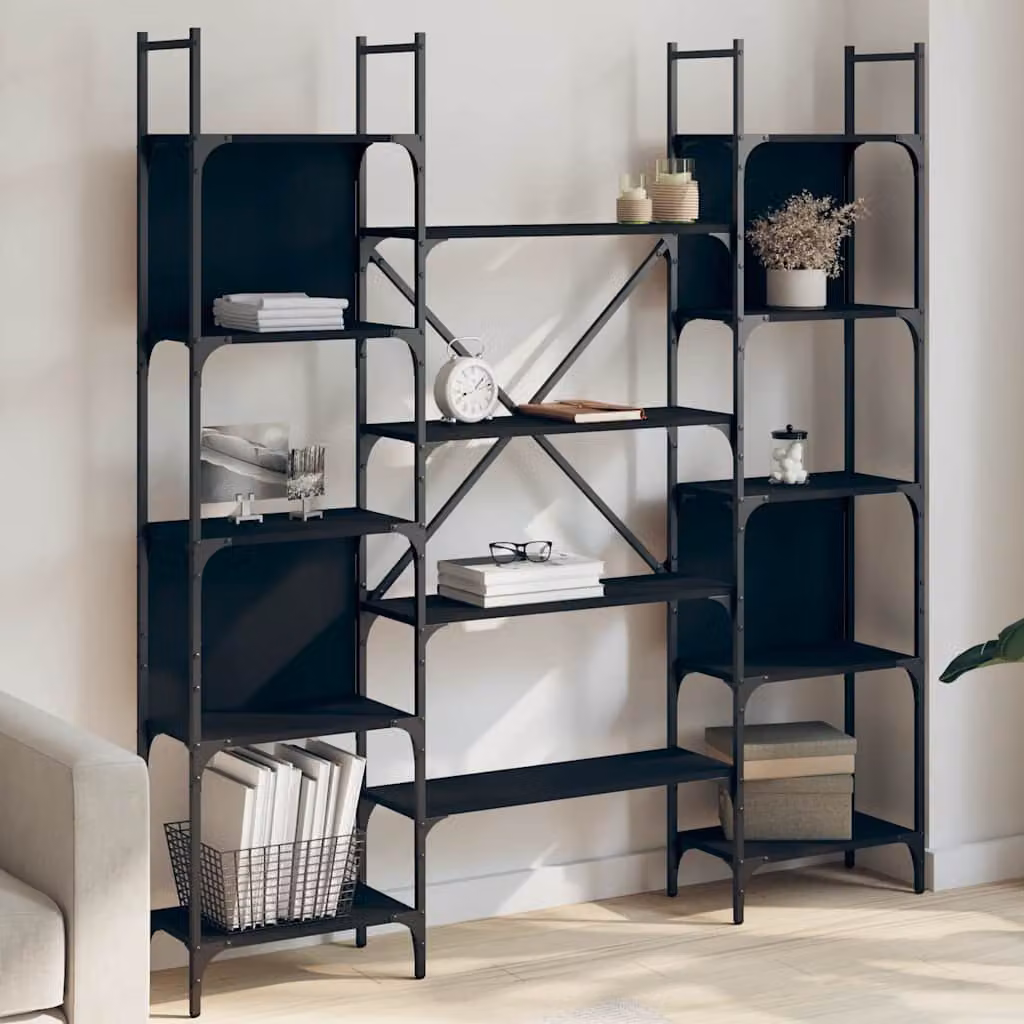 Libreria moderna vidaXL in legno e metallo nera con pannello posteriore L: 155,5 cm, P: 24 cm, H: 166,5 cm