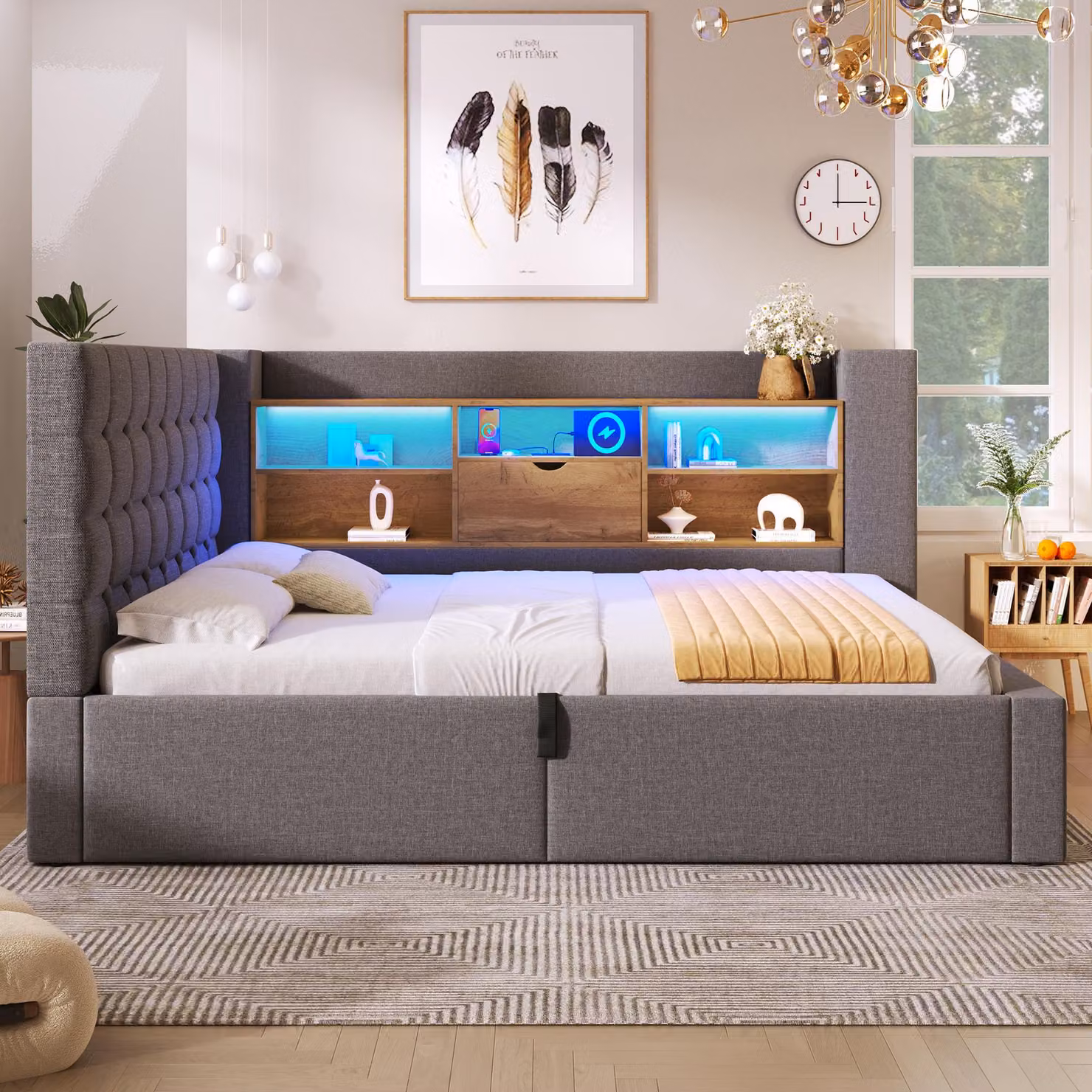 okwish Divano letto a L 90x200 letto singolo con illuminazione a LED e vani a giorno sulla parete posteriore, letto diurno per ragazzi con rete, grigio (senza materasso)