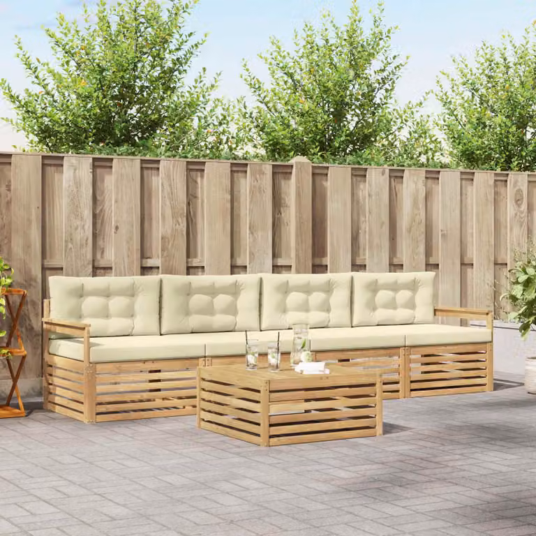 vidaXL Set di divani da esterno moderno in legno di acacia con tavolino e cuscini, Bianco e Beige