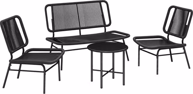 Set 4 Pezzi Salotto da Giardino con Divano 2 Sedie con Tavolino in Rattan e Metallo Nero