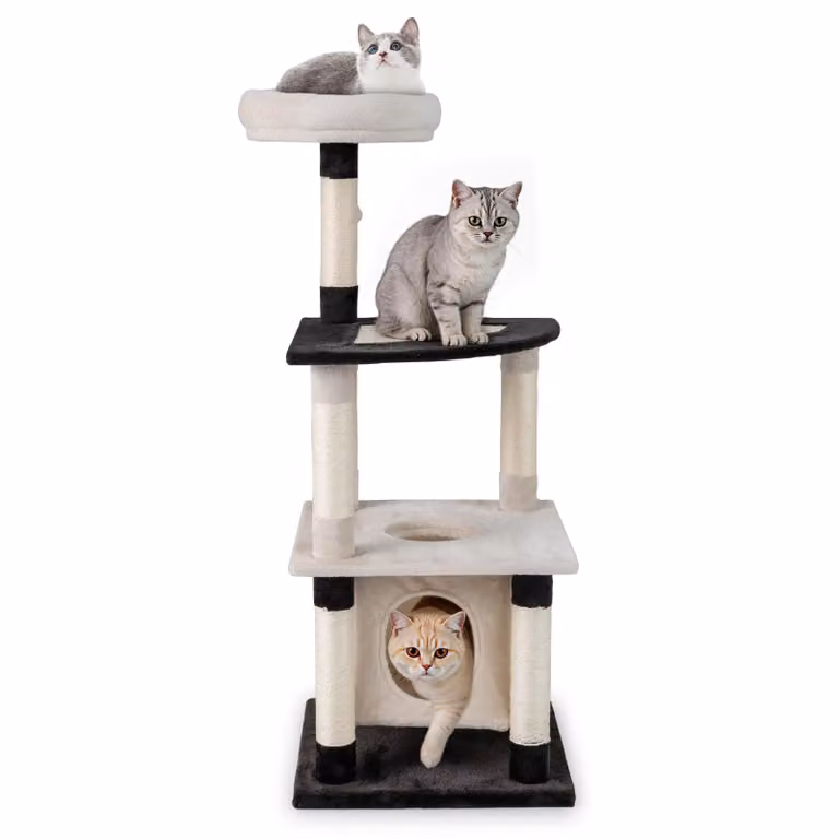 Tiragraffi COSTWAY, 124 cm, albero per gatti con grotta per gatti, letto per gatti, tiragraffi in sisal, palla, base e piattaforma curva, tiragraffi per gatti, beige+nero