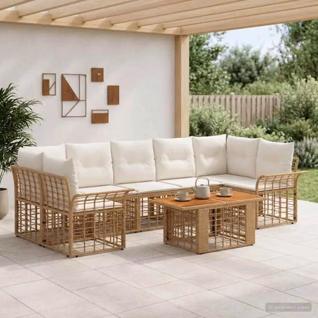 Set Divano da Giardino 8 pz Naturale e Bianco Crema polyrattan 3437956