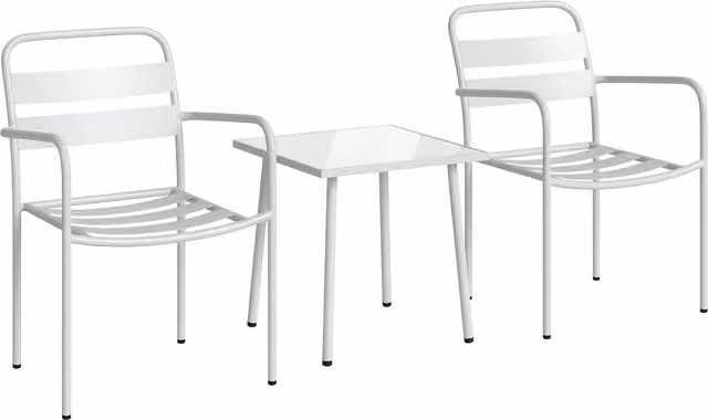 Set Bistrò Outsunny da 3 pezzi con tavolino in vetro e 2 sedie in acciaio verniciato bianco per esterno