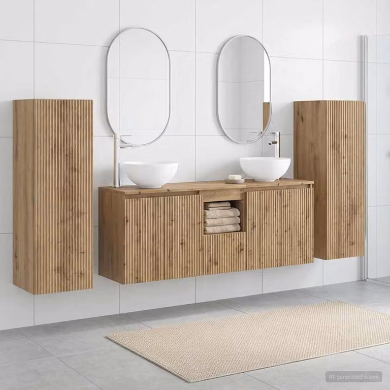 Set di mobili per il bagno moderno vidaXL in legno color rovere marrone composto da 5 pezzi con armadietto a muro e mobile lavabo