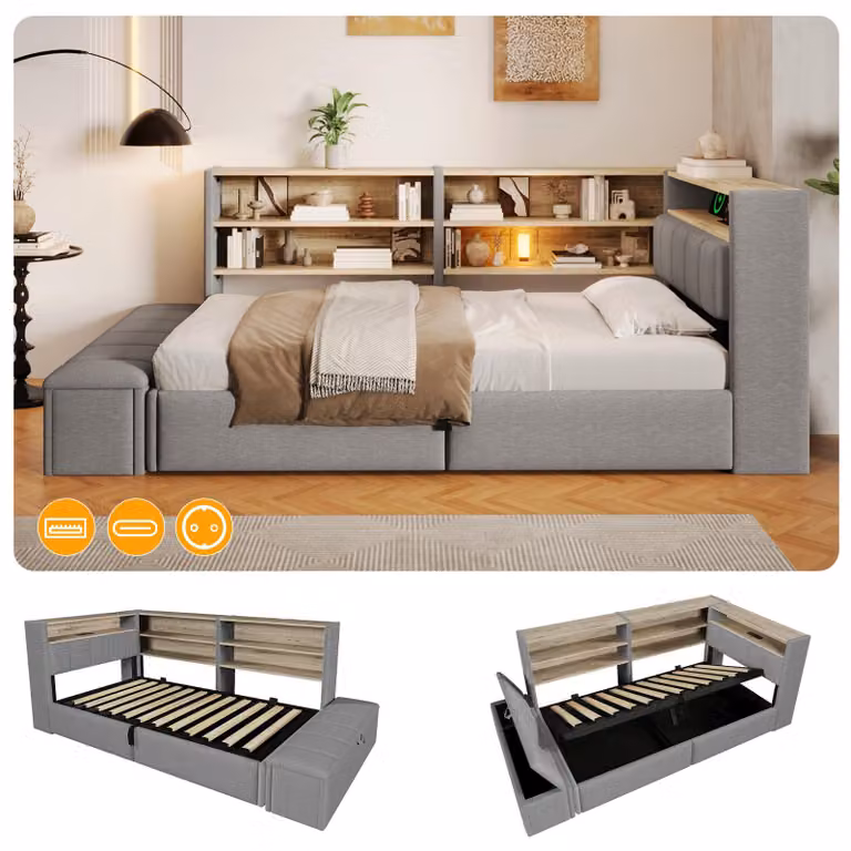 Divano letto 90 x 200 cm con spazio contenitore a pistone idraulico, luci LED RGB, porte USB-A/USB-C, pensili montabili su entrambi i lati e panca da letto, rivestito in velluto grigio