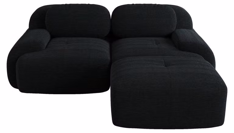 Divano angolare modulare - Divano a forma di L con due posti - Rivestimento in tessuto corda - Braccioli curvi - Imbottitura in schiuma ad alta elasticità - Assemblaggio richiesto - Colore: nero