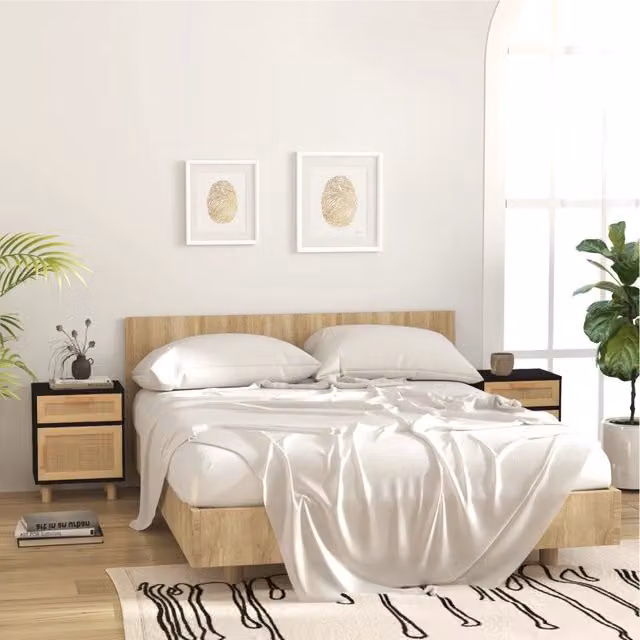 Comodini 2 pz-Set di 2 Tavolino da notte Neri in Legno Massello di Pino e Rattan Naturale
