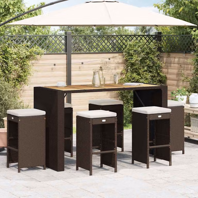 Set di 6 sgabelli da bar da giardino vidaXL in polyrattan marrone con cuscini bianchi