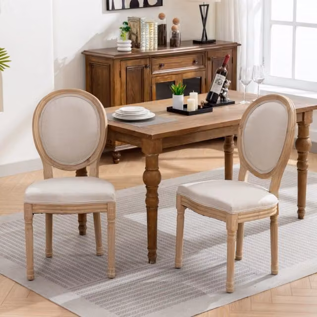 Sedia da sala da pranzo OKWISH in legno massiccio con rivestimento in tessuto beige e schienale imbottito in stile classico