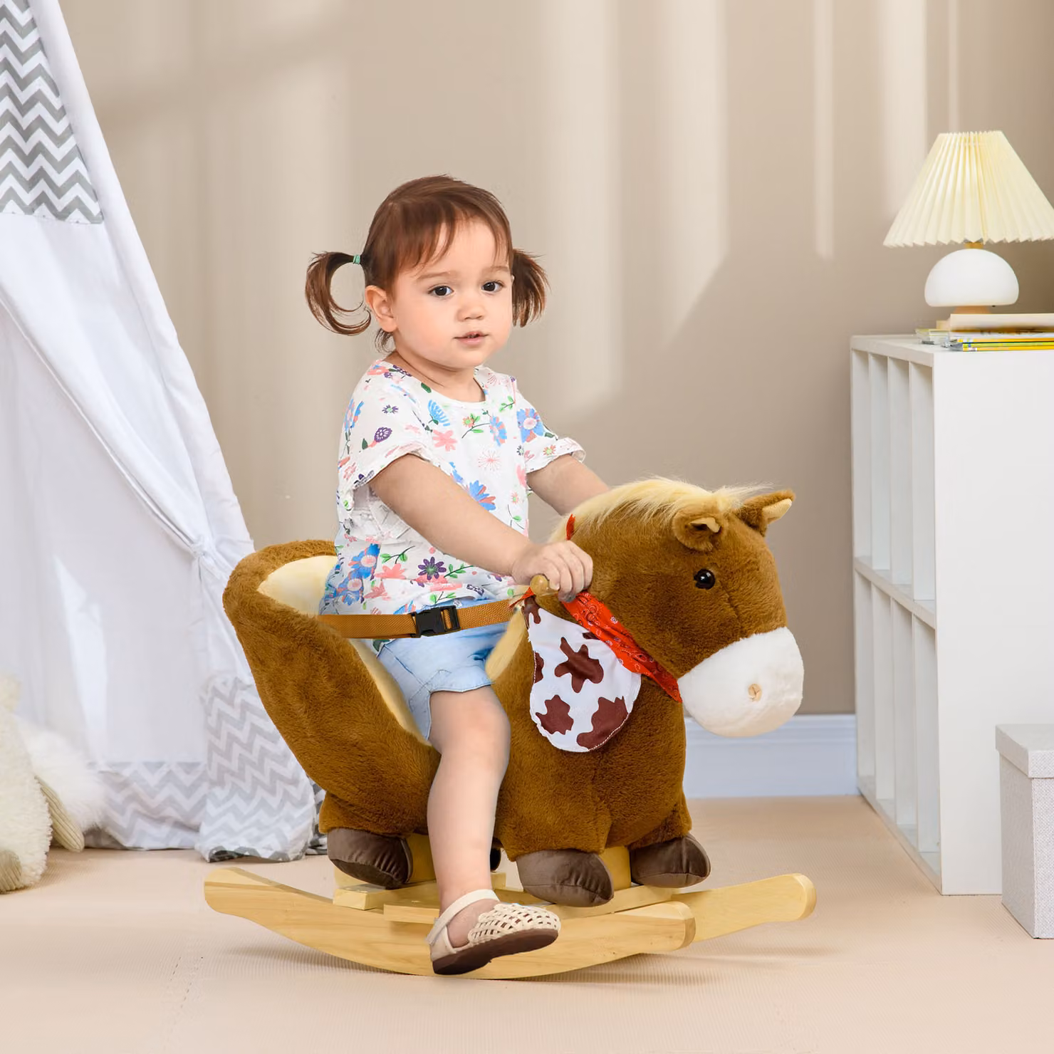 Cavallo a dondolo HOMCOM per bambini da 18 a 36 mesi con suoni realistici, marrone e legno, L 60 cm x P 33 cm x H 50 cm – 2