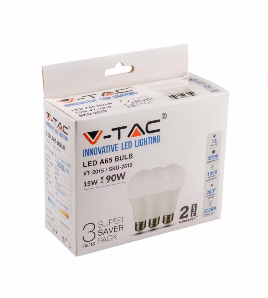 Lampadina LED E27 15W A65 2700K  (Box 3 pezzi)