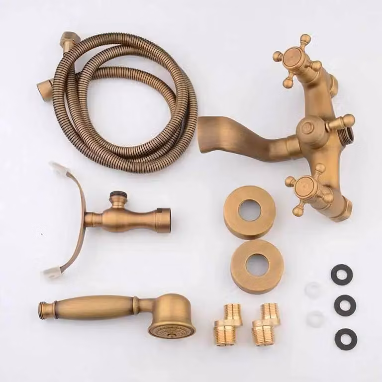 Set completo per rubinetto e doccetta da bagno, montaggio a parete, miscelatore a due maniglie, erogatore orientabile, doccetta manuale in ABS, cartuccia in Vetroceramica, per acqua calda e fredda, finitura in ottone anticato