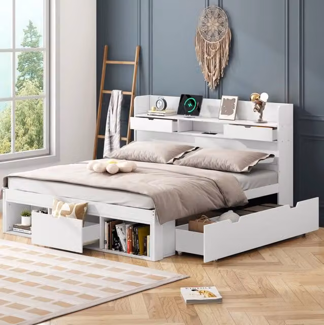Letto 140x190 cm con USB, USB-C, cassetti e armadi contenitore in pino e MDF bianco