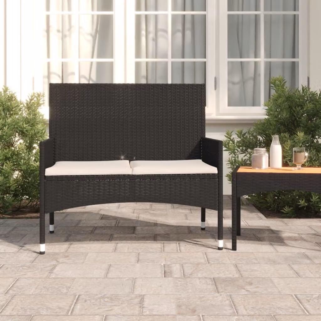 The Living Store Panca da giardino a 2 posti con cuscini in Poly Rattan nero