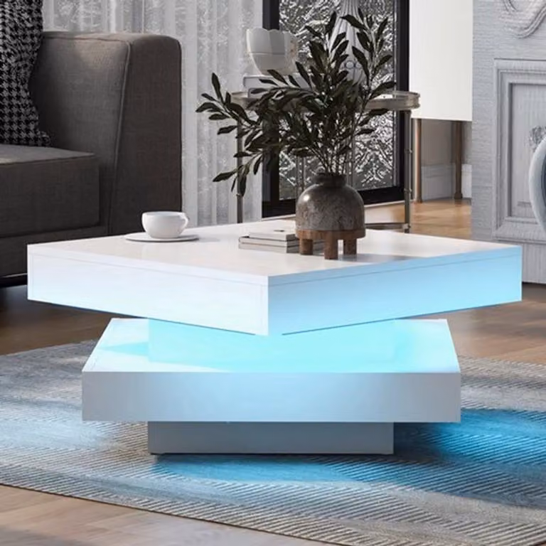 Tavolino quadrato, 70x70x36 cm, bianco lucido, con illuminazione a LED e vassoio girevole