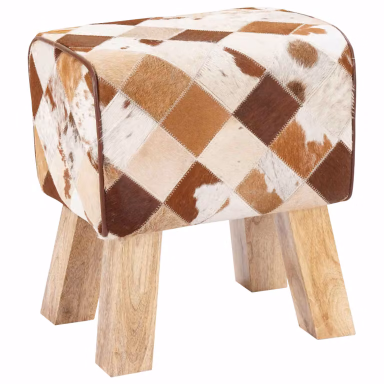 Panchina vidaXL in pelle marrone e legno con design patchwork etnico L/P/H: 40 x 30 x 45 cm