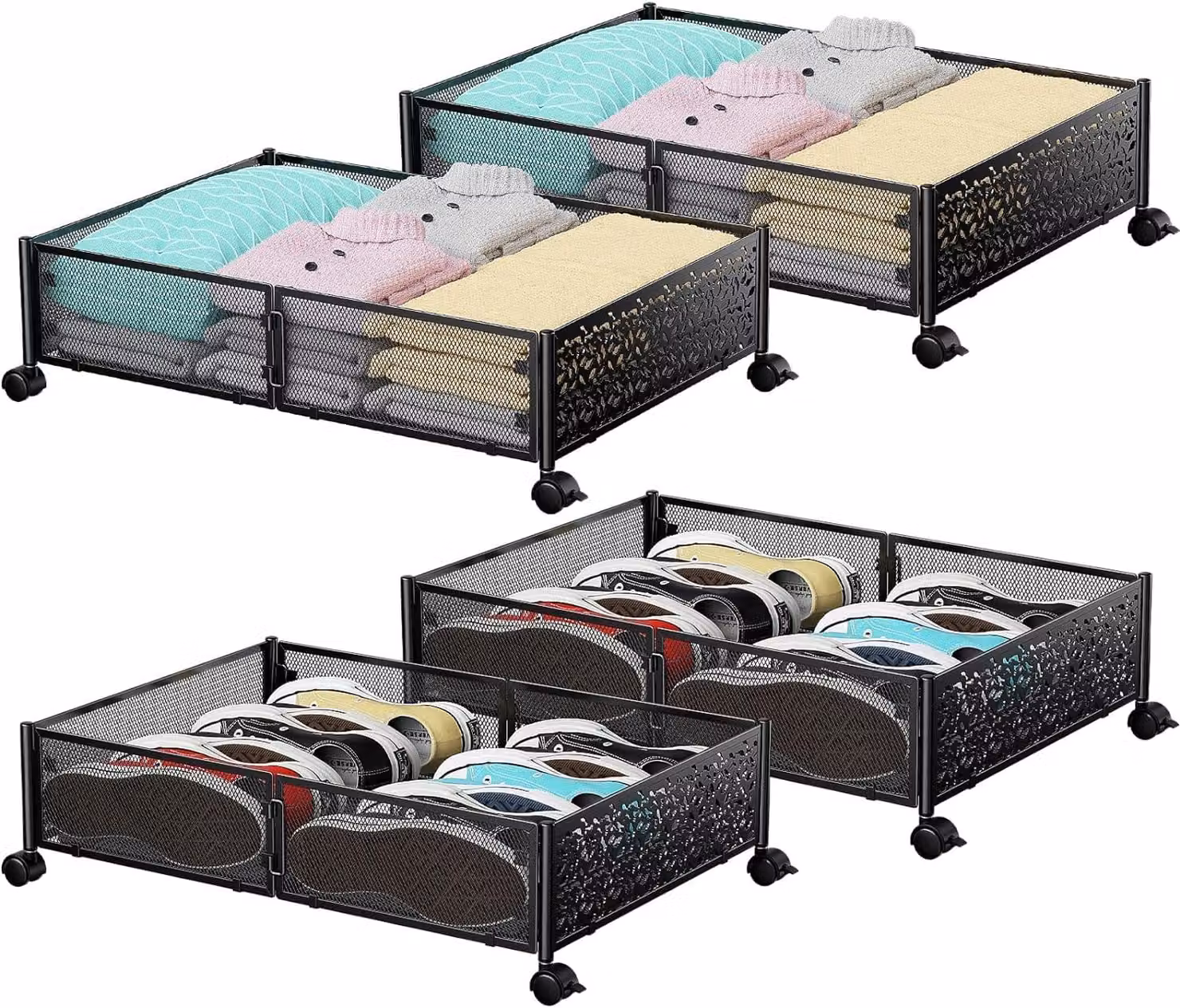Contenitori portaoggetti metallici da mettere sotto il letto, confezione da 2, con ruote, ideali per scarpe e abbigliamento