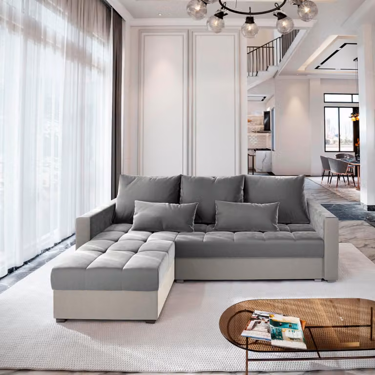Divano angolare KOS PIK di Masseno con funzione letto a L, divano con box letto, divano da salotto, divano, divano, divano letto, set di divani - grigio chiaro, PAROS 05 + PAROS 02