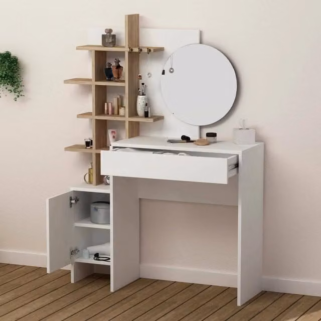 Consolle con specchio incluso DMORA Pago in finitura Bianco Quercia, L/P/H: 35 x 35 x 151 cm