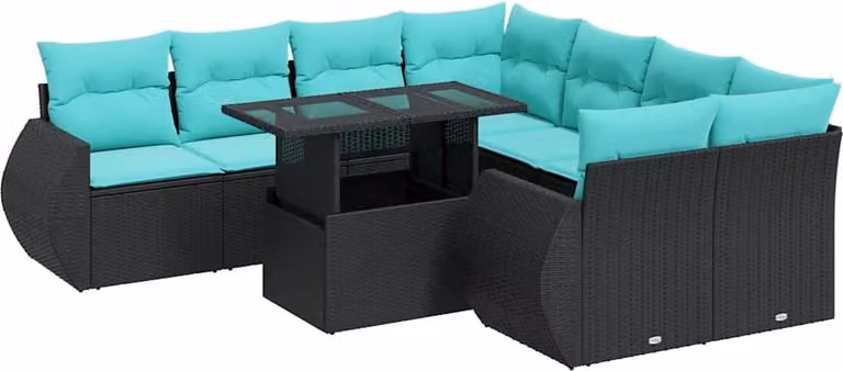 Set Divani da Giardino 9 pz con Cuscini Nero Polyrattan Acacia