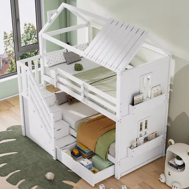 Letto a castello per bambini 90x200 cm con scala contenitore, cassetti e ripiani in pino e MDF bianco