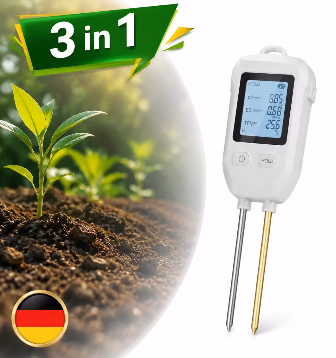 Misuratore multifunzione 3-in-1 per il terreno: misura del pH, misuratore di umidità del terreno, misuratore di umidità delle piante