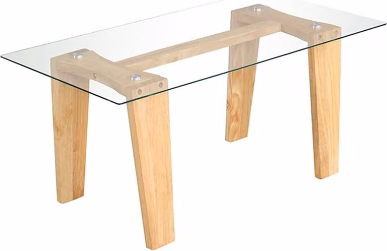 Tavolino rettangolare, tavolino con piano in vetro temperato trasparente e struttura in legno di gomma, tavolino da centro moderno, 100 x 50 x 44,8 cm, naturale