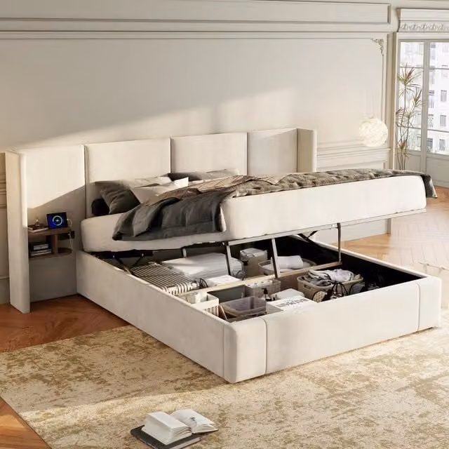 Letto contenitore matrimoniale 200×160 cm, USB-A, USB-C, prese e 2 comodini, senza materasso, velluto beige
