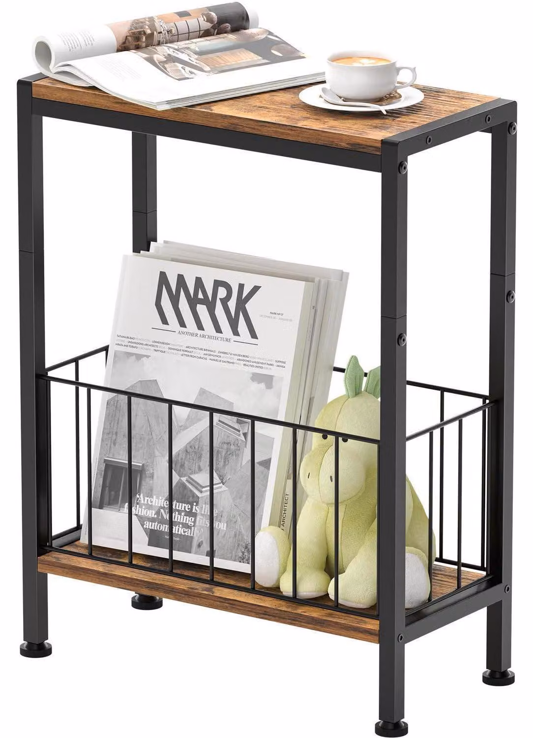 Tavolino laterale stretto con portariviste, 2 ripiani, dimensioni 20x43x58 cm, colore marrone ruggine