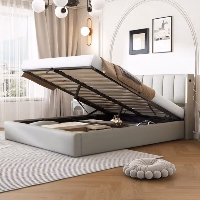 Letto contenitore matrimoniale OKWISH grigio con porta USB, Type-C, illuminazione LED e testiera inclinabile, L/P: 140 x 190 cm