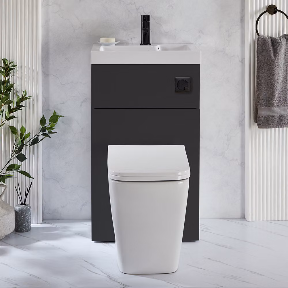 Set Sanitario Sanford Moderno con Lavabo Integrato - Grigio Nero - 500mm x 890mm - Pulsante di Scarico Nero