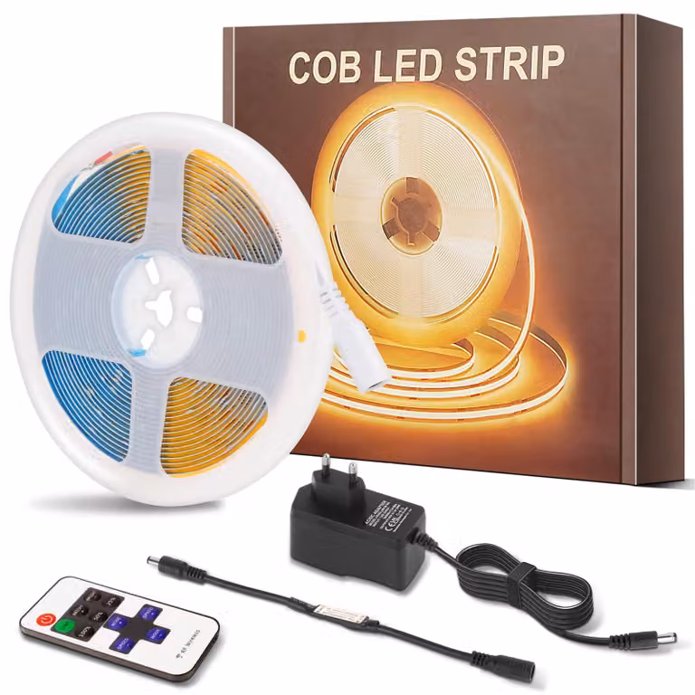 Striscia LED COB, 5 metri, luce calda, temperatura di colore 2700K, 24V, larghezza 8 mm