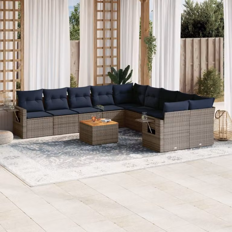 Set di divani da giardino vidaXL in polyrattan grigio con cuscini e tavolino da esterno a forma di U
