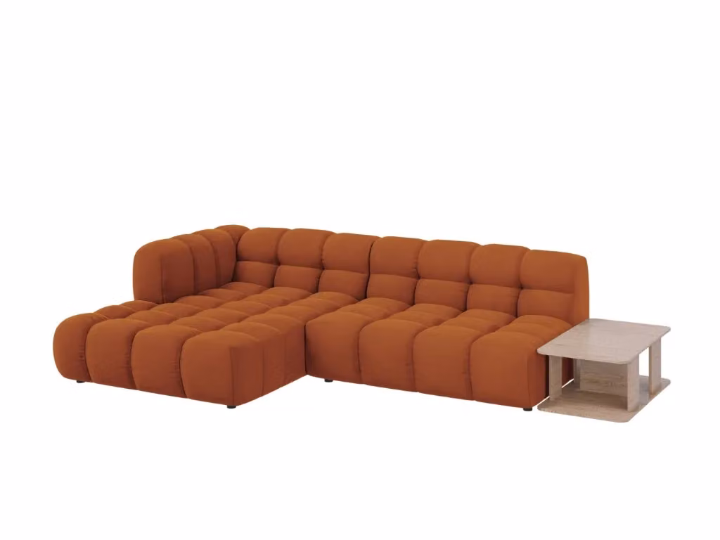 Divano angolare modulare Sky di Cosmopolitan Design, modello a 4 posti con orientamento sinistro, rivestito in velluto color arancione. L/P/H: 297 x 132 x 75 cm. – 2