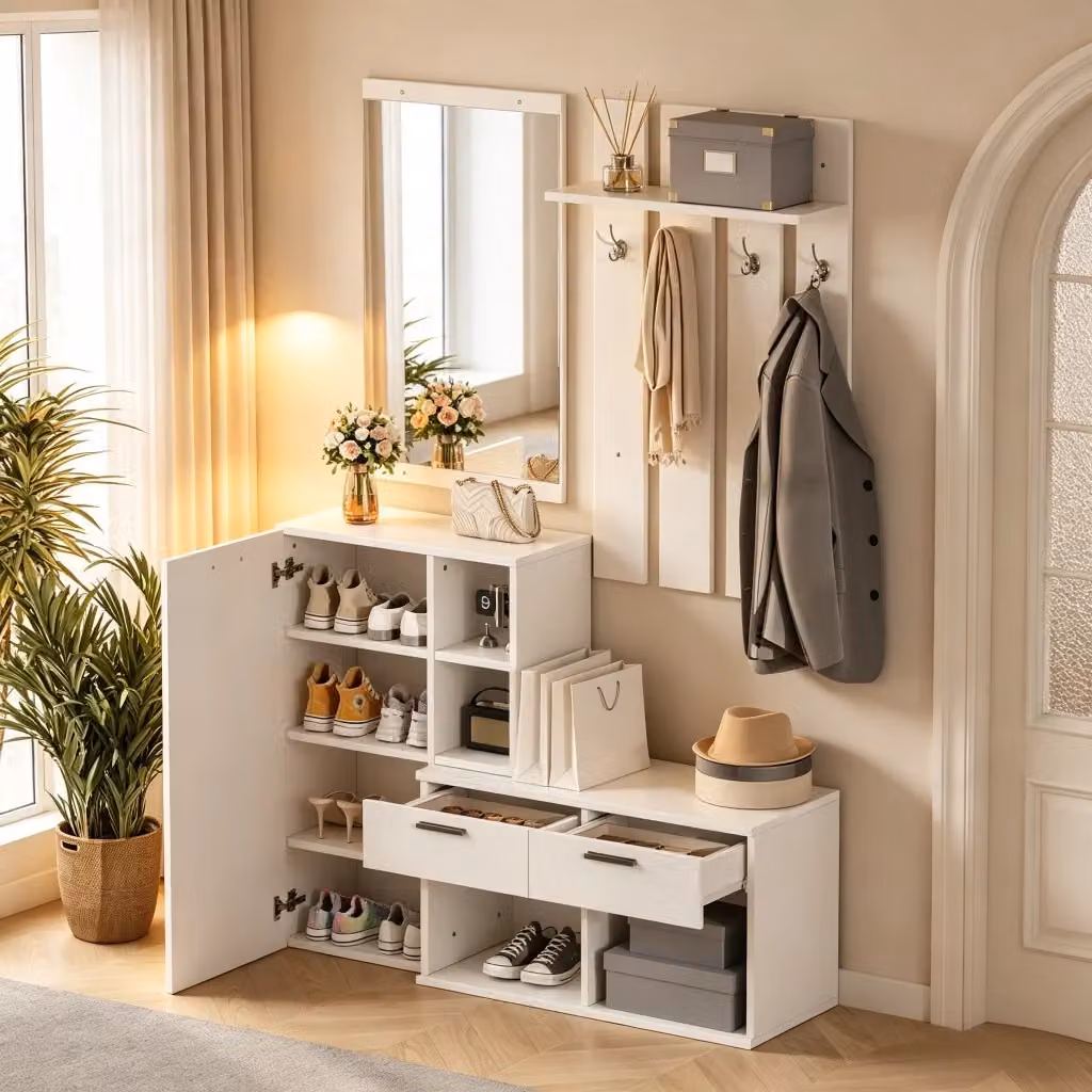 Mobile da ingresso OKWISH bianco con specchio, 1 anta, 2 cassetti e 10 vani in MDF, L/P/H: 120 x 35 x 175,5 cm – 2