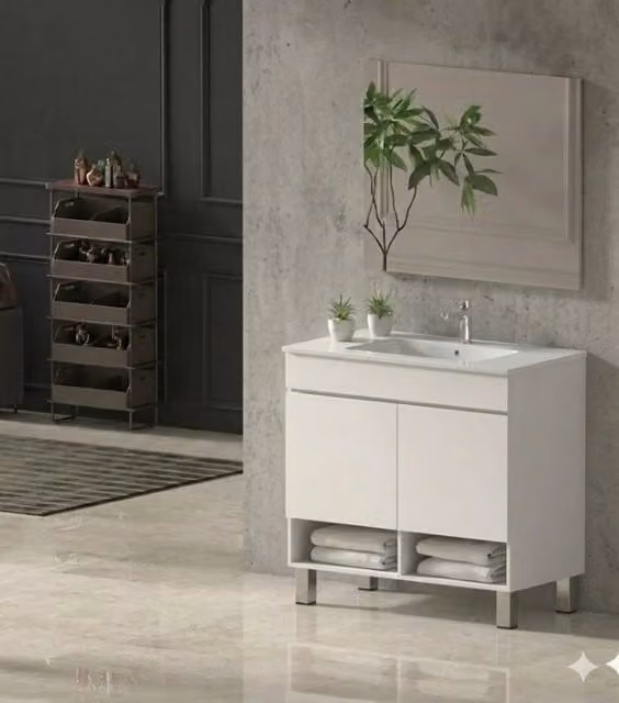 Mobile Bagno NEBARI com gambe Già Montato 2 portas, lavabo e specchio Bianco lucido 90x40 cm