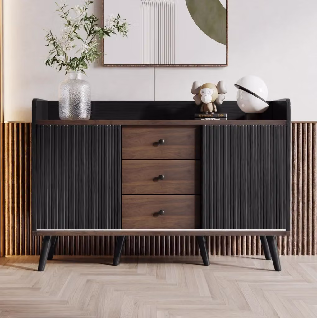 Credenza moderna nera e legno con ante scorrevoli e 3 cassetti L/P/H: 117,5 x 40 x 80 cm – 2