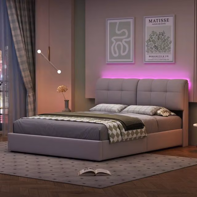 Letto matrimoniale 140x200cm velluto beige, luce LED atmosfera retro testiera, vano contenitivo idraulico
