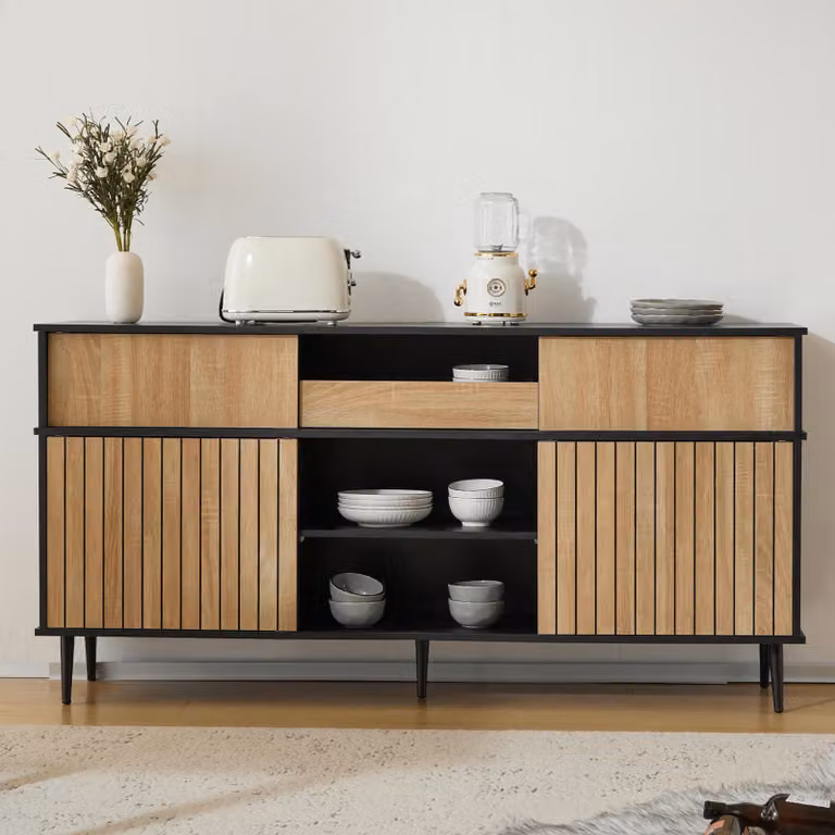 Cassettiera Sweiko con 4 ante scorrevoli e 1 cassetto, rovere combinato con il nero, dimensioni: 160 L x 40 P x 80 H