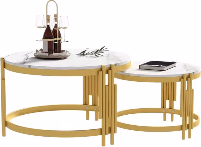 Set di 2 tavolini da caffè impilabili 71，5x71，5x44 cm MDF bianco metallo dorato