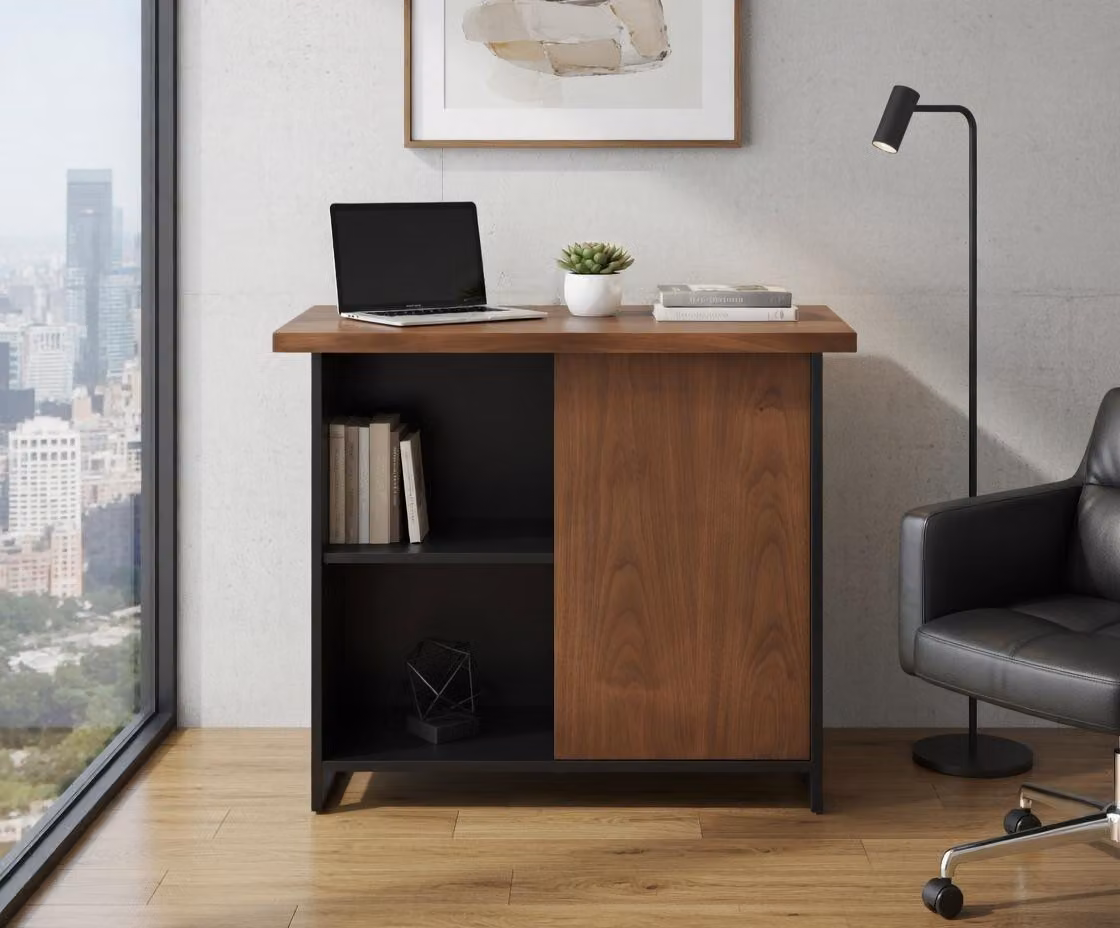Mobiletto contenitore robusto in legno e metallo, color marrone e nero, ideale per la vostra casa