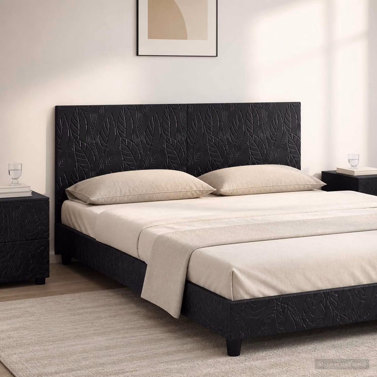 Testiera da muro vidaXL DELFT moderna in legno ingegnerizzato e tessuto nero con ripiano integrato L: 160 cm, H: 50 cm, P: 14 cm