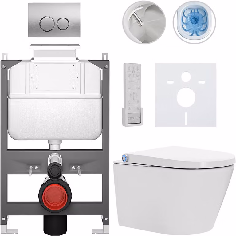 CERANO - WC sospeso con bidet Cronus Pro - bianco lucido - pulsante Prime/Dualo, argento - comando dall'alto - installazione a parete/cartongesso - 59,3 x 38,4 cm