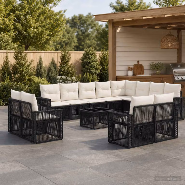 Set Divano da Giardino vidaXL 13 pz in Polyrattan Nero e Bianco Crema con Cuscini e Tavolino da Caffè