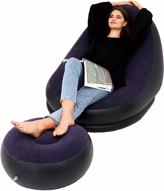 Poltrona gonfiabile per il tempo libero Ibenzoa® con rivestimento in velluto – Blu, 116 x 98 x 83 cm, base in PVC, inclusa poggiapiedi, capacità di carico 100 kg