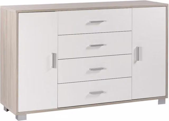 Credenza madia mobile con 2 ante e 4 cassetti 136x41x86H cm in kit di montaggio colore Olmo chiaro e bianco