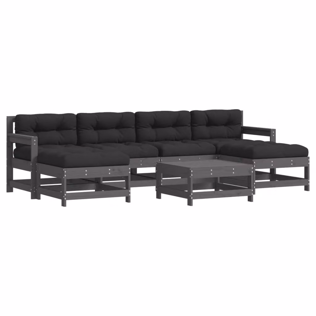 Set Divani da Giardino 7pz con Cuscini in Legno Massello Grigio