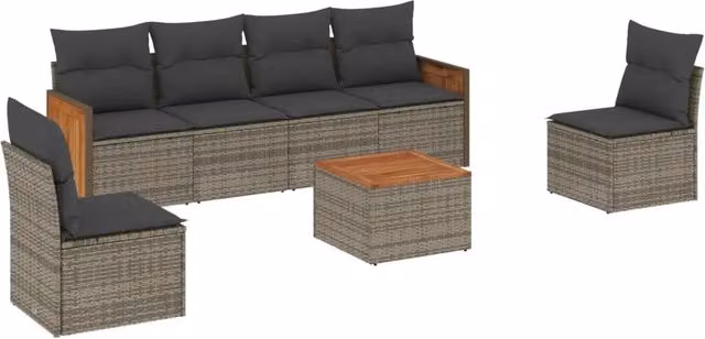 Set Salotto da Giardino 7 Pezzi DESIGN IN con Divano a 3 Posti, Poltrone, Tavolino e Cuscini Grigio in Polyrattan e Acciaio