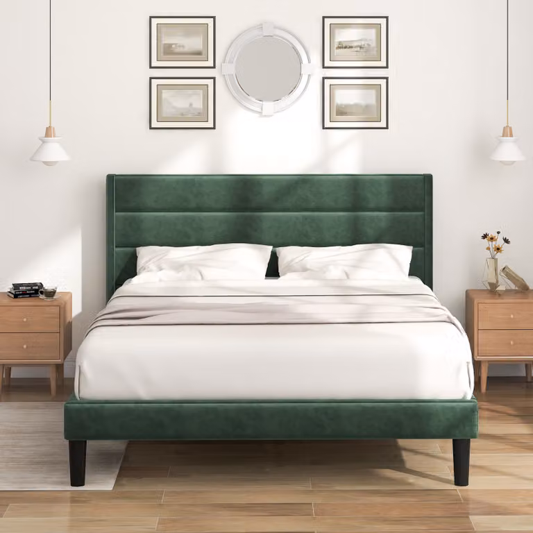 Letto imbottito Merax 140x200cm con rete a doghe e testata, struttura letto matrimoniale letto per ragazzi in velluto, verde scuro