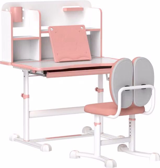 Set Tavolo e Sedie Regolabili AIYAPLAY per Bambini 3-12 anni con Piano Inclinabile, Cassetto, Libreria e Portapenne, Rosa